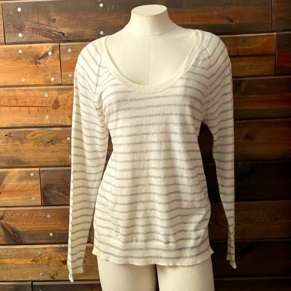White and Grey Low Scoop Neck Sweater